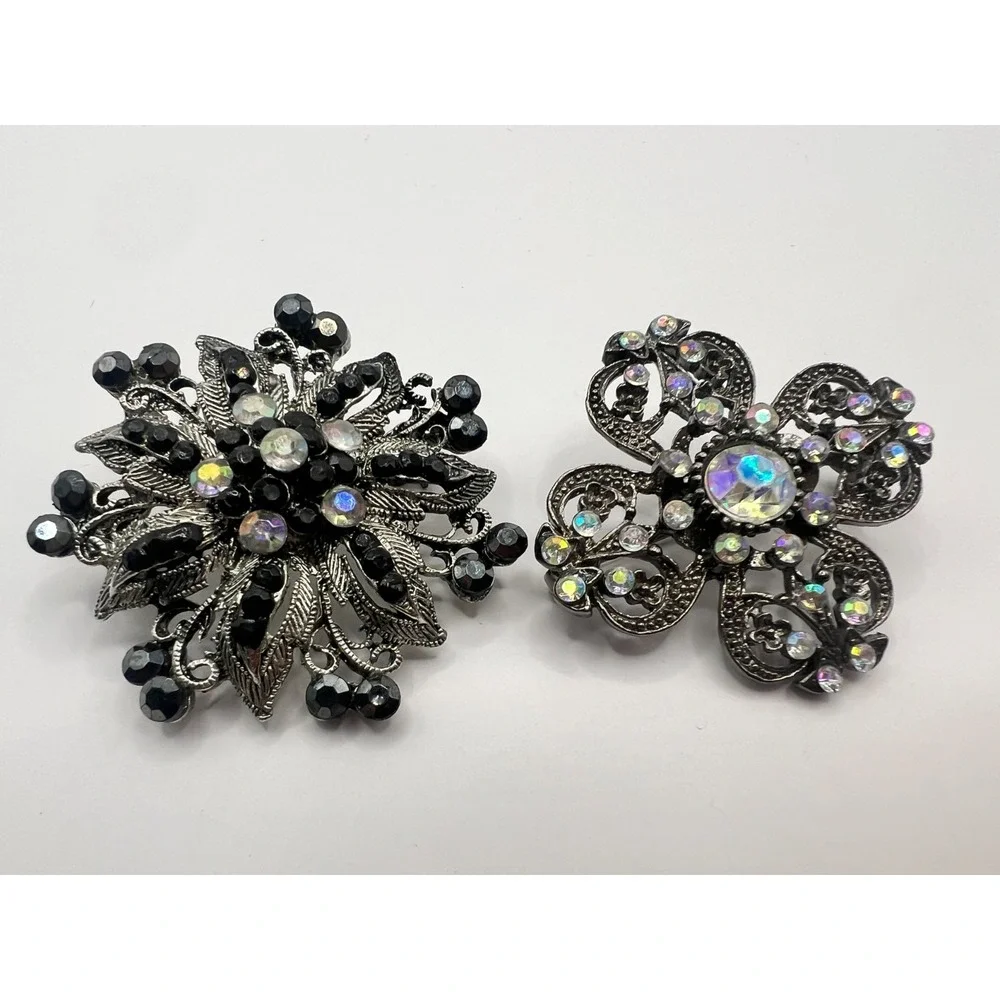 Brooch Lot – Black Rhinestone & Aurora Borealis Crystal‎ Statement Pins